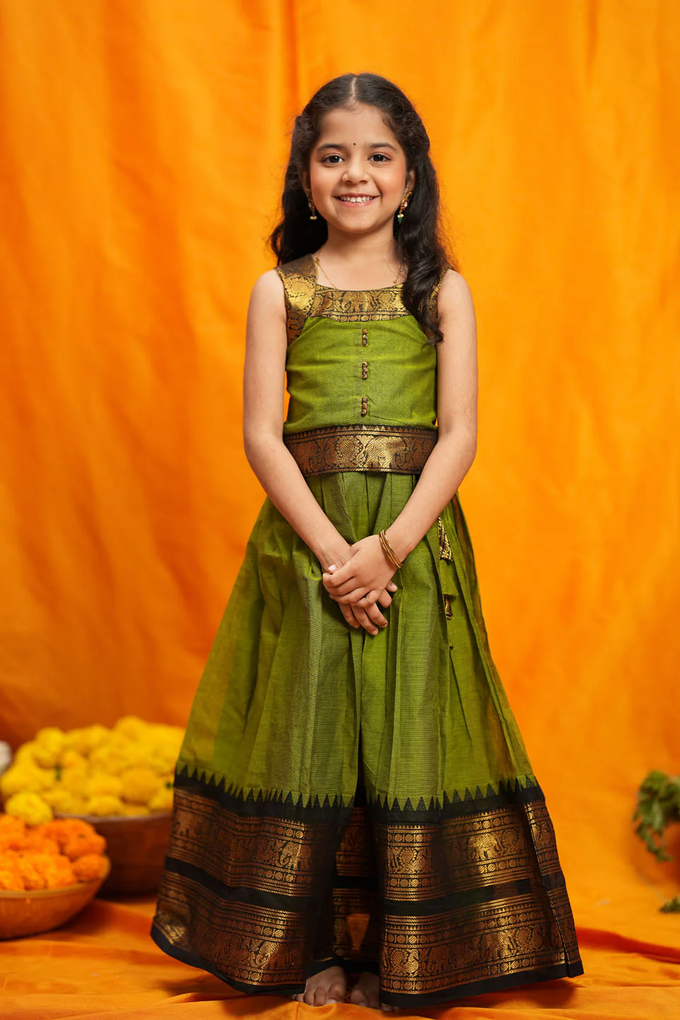 Prisha Olive Green Kid Pattu Pavadai Mini